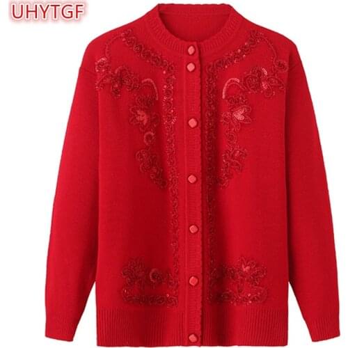 UHYTGF Spring Autumn Jacket Knitted Sweaters Women Shirts Coat Fashion Cardigan Plus size Knit Tops Loose Embroidery Sweater 46