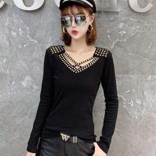Women 2021 Spring Autumn Fashion V-neck Tops Female Long Sleeve Shirt Hollow Out Casual Slim Shirts Ladies Pullover Blouses A406