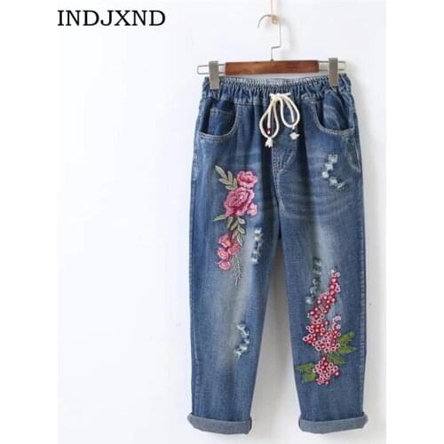 Women Pencil Pants Stretch High Waist Skinny Embroidery Jeans Without Ripped Woman Floral Holes Denim Pants Trousers Women Jeans