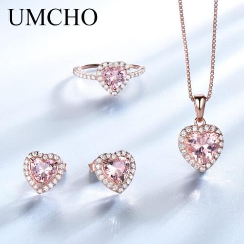 UMCHO Created Morganite Jewelry Sets Elegant Heart 925 Sterling Silver Jewelry Necklaces Rings Earrings For Women Wedding Gifts