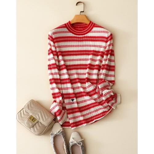 Autumn new france style 100% cashmere women knitted striped embroidery sweaters