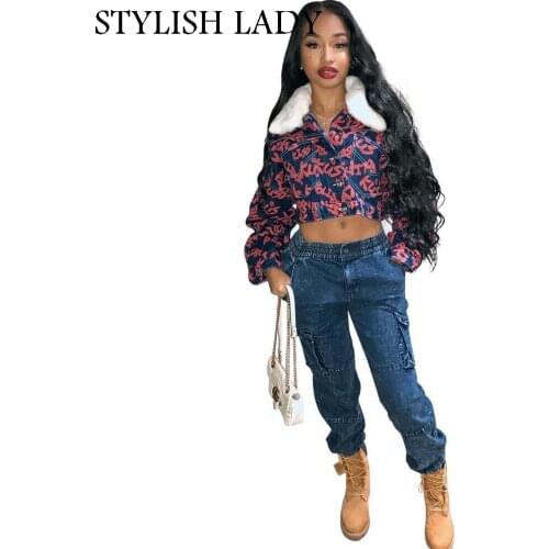 STYLISH LADY 2018 Autumn Winter Women Long Sleeve Zipper Letter Printed Crop Jacket Sexy Turn Down Collar Club Party Outwear