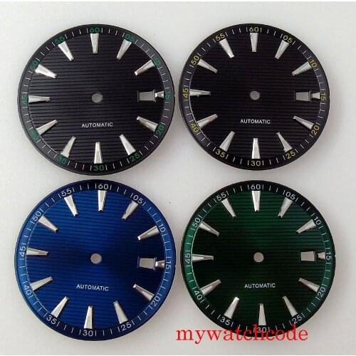 33.2mm Sterile Watch Dial Fit 21 Jewels NH35 NH36 Automatic Movement Date Window Black/Blue/Green Color Green Luminous Marks
