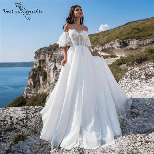 Sparkle Boho Wedding Dresses 2021 Lace Appliques Off the Shoulder Corset Back Beach Bridal Gowns Plus Size Vestidos De Noiva