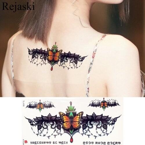 Black Bat Lace Bracelet Butterfly Tattoo Stickers Pendant Girl Waist Temporary Tattoo Women Body Chest Art Fake Tatoo Chain Neck