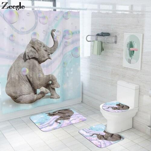 Colorful Elephant Printed Shower Curtain Toilet Seat Cover Mat Set Absorbent Toilet Seat Cover Mat and Anti-slip Floor Carpet