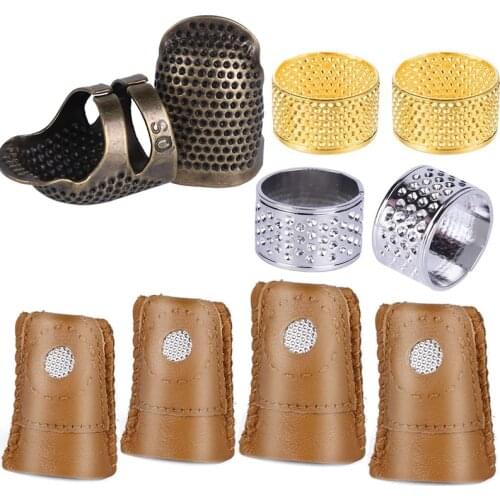 LMDZ 10 Pcs 3 Color Metal Thimble and Finger Protector Kits Copper Sewing Thimble with Leather Finger Protector for Sewing