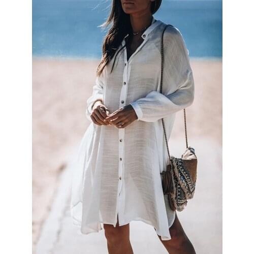 Fashion Women Swimsuit Bikini Beach Cover Up Robe Tunic Shirt V-Neck Summer Solid Button Casual Shirts Sunscreen Swimsuit Blouse