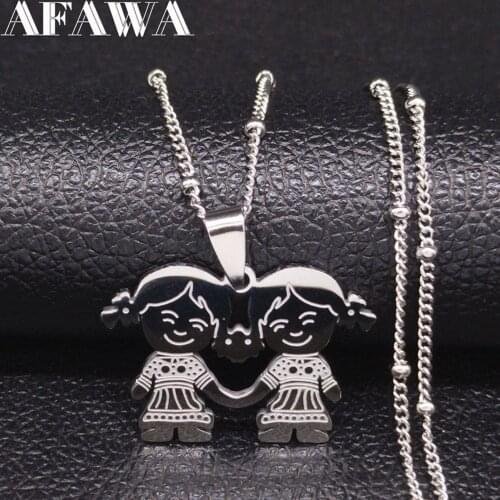AFAWA Family Two Girl Stainless Steel Necklace Women Silver Color Necklaces Jewelry joyeria acero inoxidable mujer N4102S01
