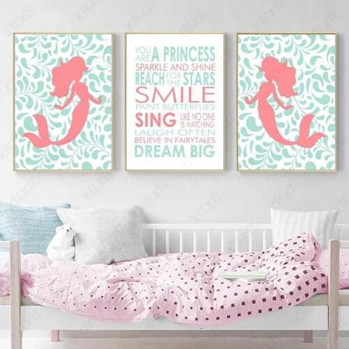 Cartoon Mermaid Canvas Painting Art Poster Princess Fantasy Craft Wallpaper Nursery Print Picture Decoration Home Bedroom