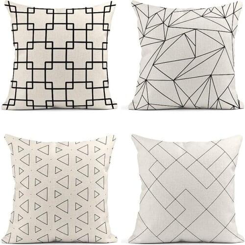 Squares Pattern Geometric Simple Black and White Minimalistic Triangles Stained Decor Linen Pillow Cases Home Decorative