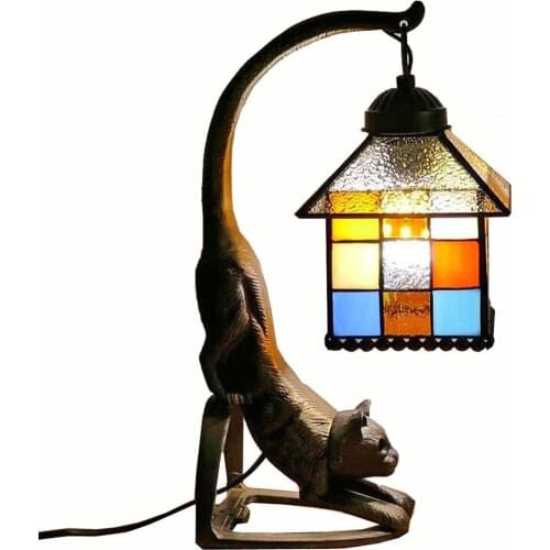 Tiffany Metal Bronze Bedroom Bedsides Table Lamp Glass Lampshade Study Room Club Desk Lamp Retro Bar Counter kitten Table Light