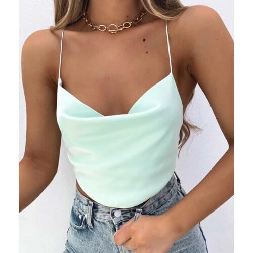 Puloru Solid Color Ruched Halter Camis Womens Crop Tops Summer Street Style Party Club Back Cross Tie Up Vest Ladies Top