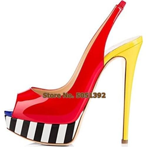 High Heel Peep Toe Pumps Woman Patent Leather Slingback Multi-color Nightclub Shoes Plus Size Elegant High Platform Shoes