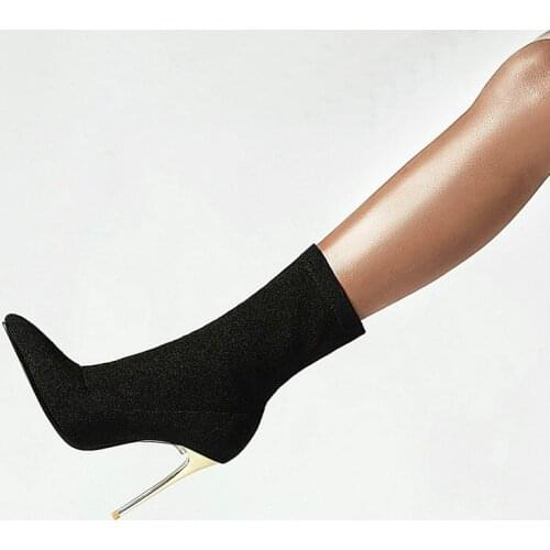 Spring Autumn Womens Shoes Sexy Stiletto Pointed Toe Ladies High heeled Short Boots Knitted Stretch Socks Boots Large Size34-43