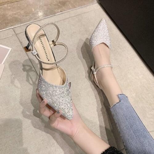 Womens High Heel Sandals 2021 Spring New Fairy Style Thin Heeled Shoes Hollowed Sandals Two-Way Wear Pointed Shoes