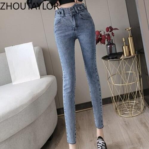 ZHOUTAYLOR Jeans Woman Office Lady Sweert Autumn New 2021 Ankle-Length Pants Femme High Waisted Button Pencil Trousers Female