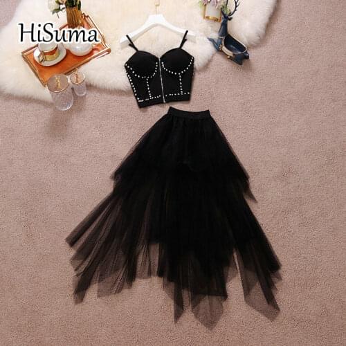 2021 summer new women sling rhinstones bling zipper suspender top top vest + irregular gauze skirt suit female two piece sets