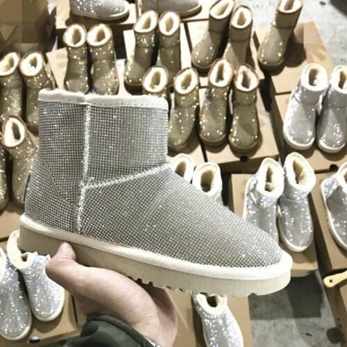 2020 Rhinestone Winter Boots Women Shoes Warm Real Wool Fur Ankle Boots Women With Fur Platform Snow Boots Sheep Skin Shoes