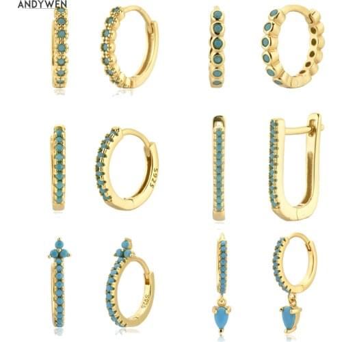 ANDYWEN 925 Sterling Silver Gold Turquoise Zircon Huggies Piercing Rock Punk Hoop Pendiente Luxury CZ Fine Jewelry 2020