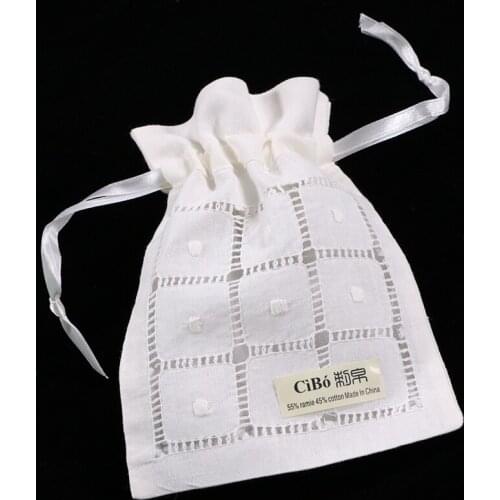 B008-W : white ramie/cotton drawstring hand drawn thread embroidery gift bags 12pieces/pack 5x7 inches sachet bags, travel pouch
