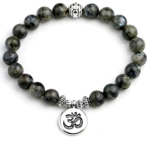 Natural Black Flash Stone Labradorite Beads Strand Bracelet Handmade Men`s Lotus Yoga Buddha OM Charm Women Bracelet