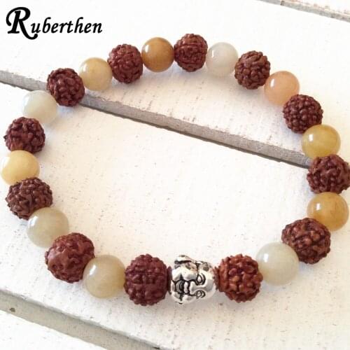 Ruberthen 8 mm Rudraksha Mala Beads Bracelet Natural Gem Stone Buddha Head Bracelet Energy Balance Yoga Mala Bracelet