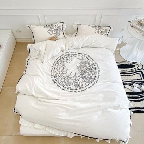 Black and White Bedding Set 40S Washed Cotton Double Size Soft Embroidery Bed Sheet Pillowcase Duvet Cover Set 3/4pcs for Home