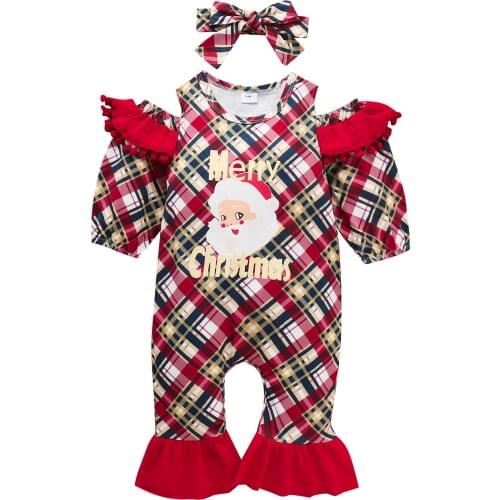 Ma&Baby 0-18M Christmas Newborn Baby Girl Jumpsuit Red Plaid Off Shoulder Romper Cute Santa Print Long Sleeve Clothes Xmas DD40