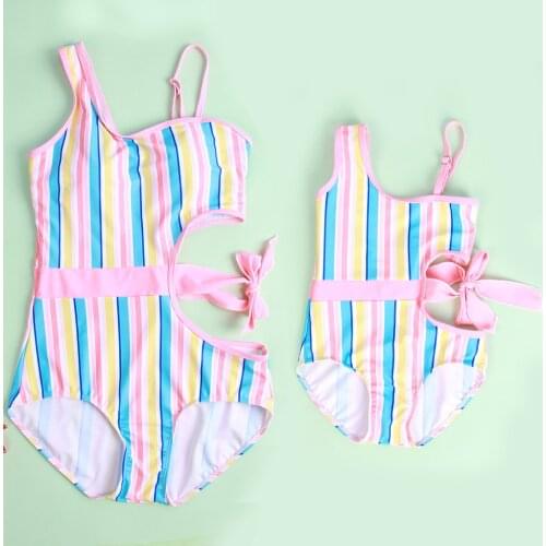 Little Big Sister Stripe Swimwear Set One Piece Swimsuit Family Matching Outfits Family Bikini Baby Girls Kids Rainbow Printed