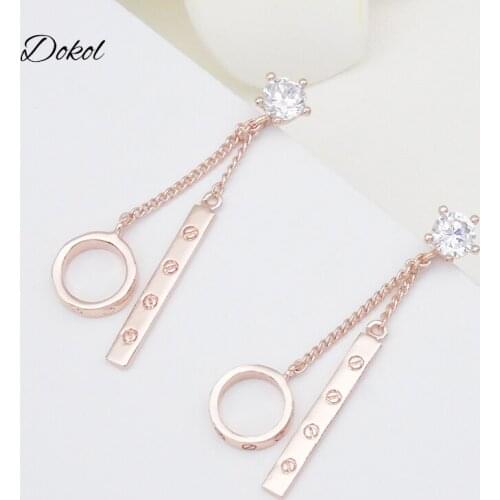 DOKOL Fashion AAA Zircon Earring Rose Gold Color Earrings Dangle Circle and Bar Clear Crystal Earrings for Women bijoux DKE0148