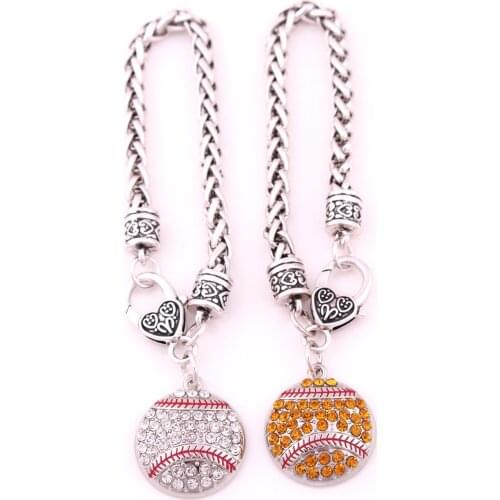Fashion antique sliver plated zinc studded with sparkling crystal BASEBALL or SOFTBALL pendant charm bracelet