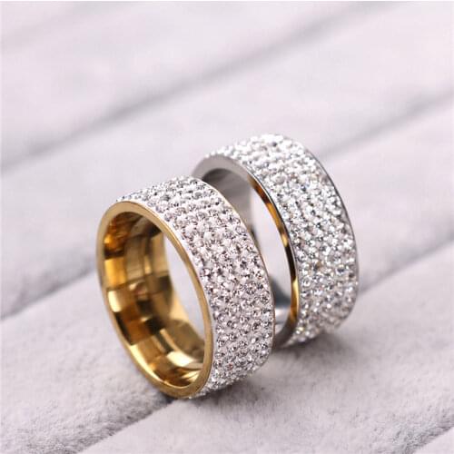 MOREDEAR Le Bsiser Five Row Clear Crystal Stainless Steel Ring Round Zircon Stone Rings for Women and Men Full Pave CZ Crystal