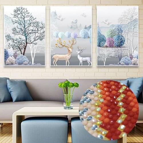 Wall Art Painting Triptych Living Room Fortune Tree Point Drill Cross Stitch Bedroom Simple European Elk Charm Home Decoration