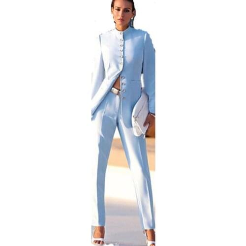 NEW fashion light blue womens business suits female office uniform formal pant suits for weddings ladies trouser suit