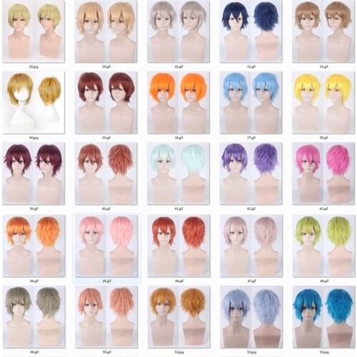 57 Colors Wigs Short Fluffy Layered Solid Color Universal Heat Resistant Synthetic Hair Bangs Cosplay Wig + Wig Cap