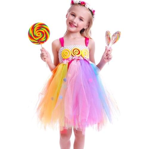 Girls Lollipop Mesh Tutu Dresses Children Rainbow Candy Dress Kids Birthday Party Dress Land Outfit Girls Dance Recital Gown
