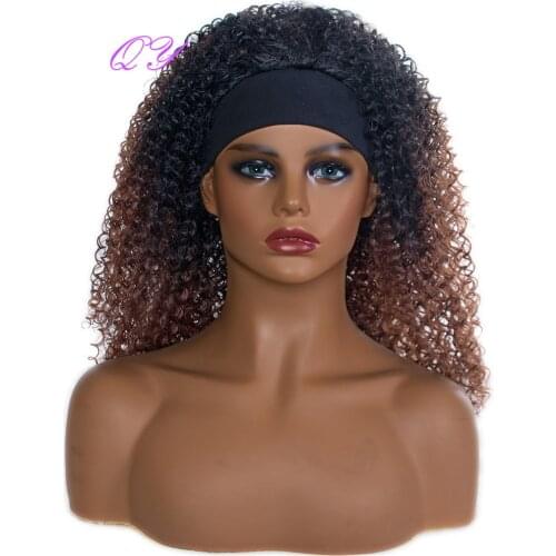 QY Hair Headband Wigs For African Women Afro Kinky Curly Black Ombre Brown Flat Turban Synthetic Hair