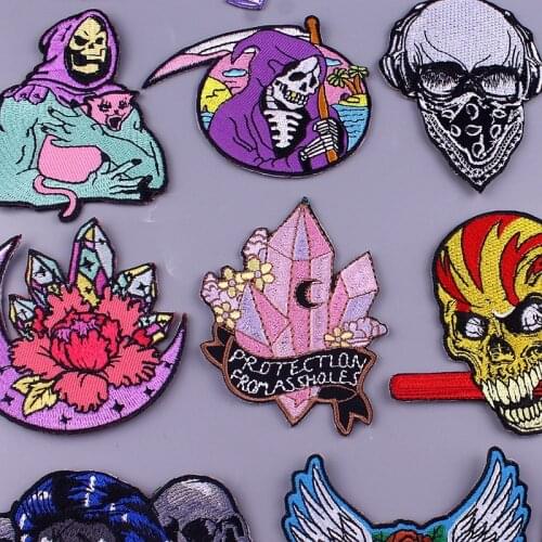DIY Punk Skull Embroidered Patches For Clothing Sticker Applique Witch Patch Iron On Patches On Clothes Jeans On Badges Stripe