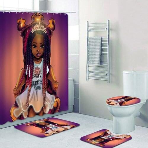 4PCS Bathroom Set with Shower Curtain African American Girl Shower Curtain Bath Rug Set Toilet Cover Bath Mat Afro Artwork Decor