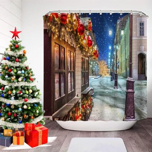 Christmas Printed Punch-Free Shower Curtain, Waterproof Mildew-proof Bathroom Hanging Curtains, Christmas, Halloween Decorations