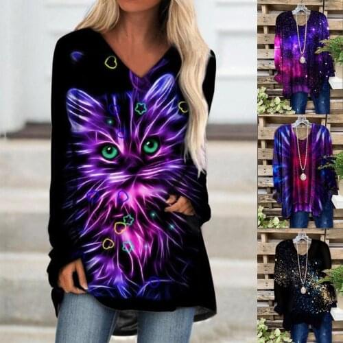 2021 Autumn Long Sleeve Print 3D Cat T-Shirt Ladies Casual Loose Pullover Top Tunic New Streetwear Fashion V-Neck Women Clothing