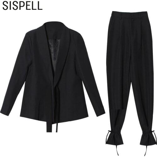 SISPELL Casual Blazer Sets For Femlae Lapel Collar Long Sleeve Coat With High Waist Lace-up Hem Pants Womens Set Fashion New