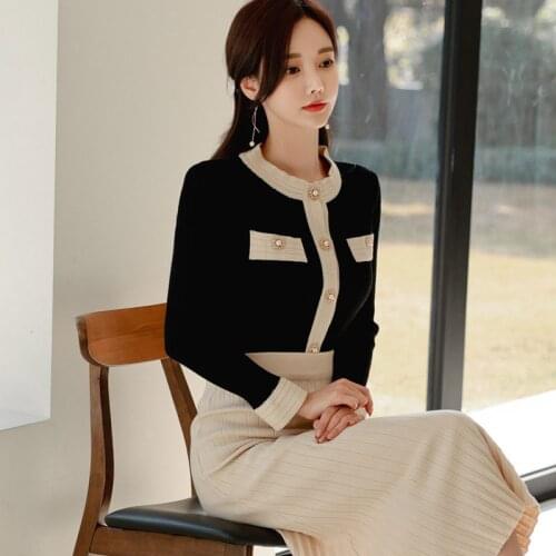 2021 Women Single Button Sweater Suits Knit Cardigans+Pleated High Wasit Maxi Skirts 2PCS Set Spring Winter Elastic Skirt Suits