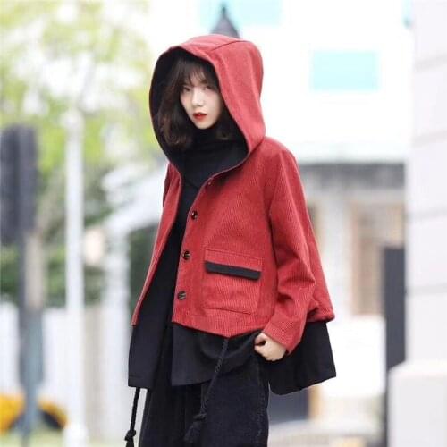 Spring New Retro Corduroy Loose Large Size Coat Female Hem Drawstring Stitching Fake Two-piece Personality Cardigan Jacket K318