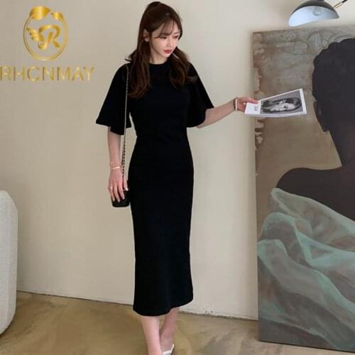 Elegant O Neck Pullover Flare Sleeve Knitted Dress Women High Waist Solid Vestidos Summer 2021 New Slim Robe Temperament Dres