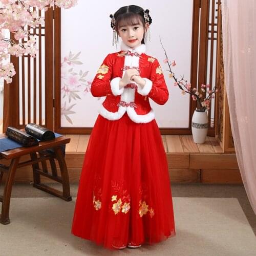 Winter Girls Birthday Party Dress Think Flower Girl Wedding Gown Formal Kids Dresses Girls Chinese Hanfu New Years Dress