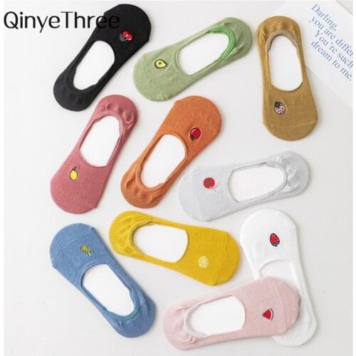 2020 new cute spring summer womens socks personality wild mesh fruit embroidery girls' invisible heel silicone no-slip socks