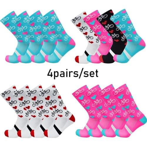 4 Pairs/set Bicycle Love Pattern Cycling Socks Pro Competition Cycling Racing Socks Outdoor Sports Socks Calcetines Ciclismo