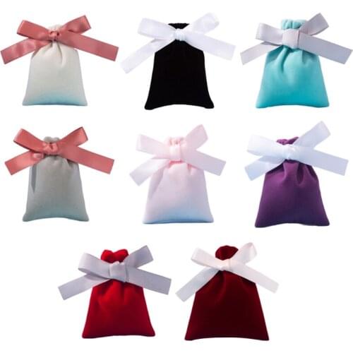 50Pcs 7x9cm Jewelry Velvet Bags with Ribbon Flannel Pouches Wedding Candy Gift Packing Christmas Decoration